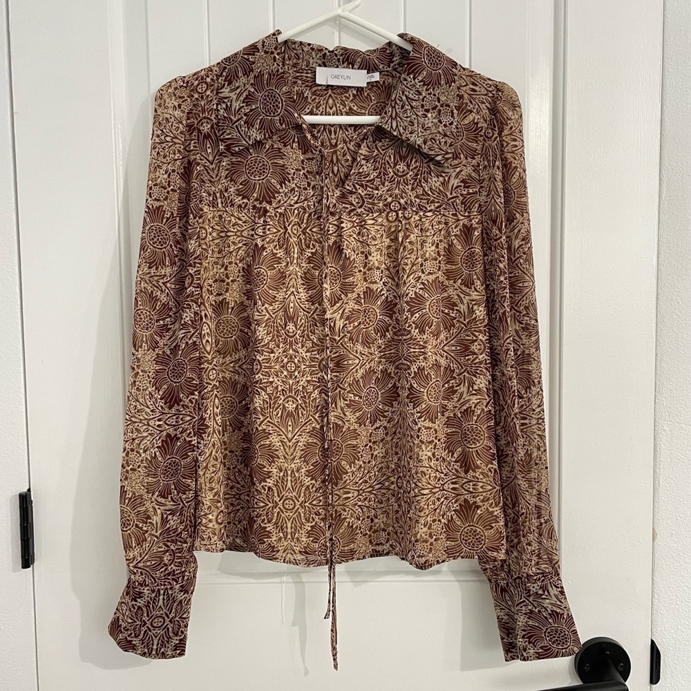Greylin Tan and Purple Floral Prints Long Sleeve Blouse
